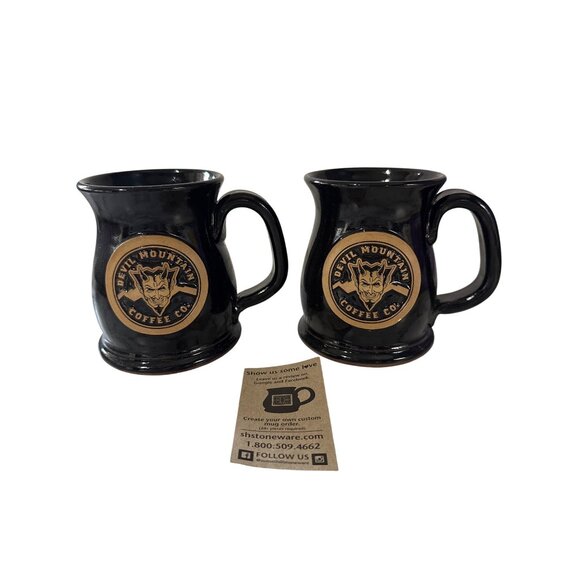 2 Devil Mountain Coffee Co. Black Stoneware Handcrafted Mugs Sunset Hill Stonewa - Picture 1 of 8